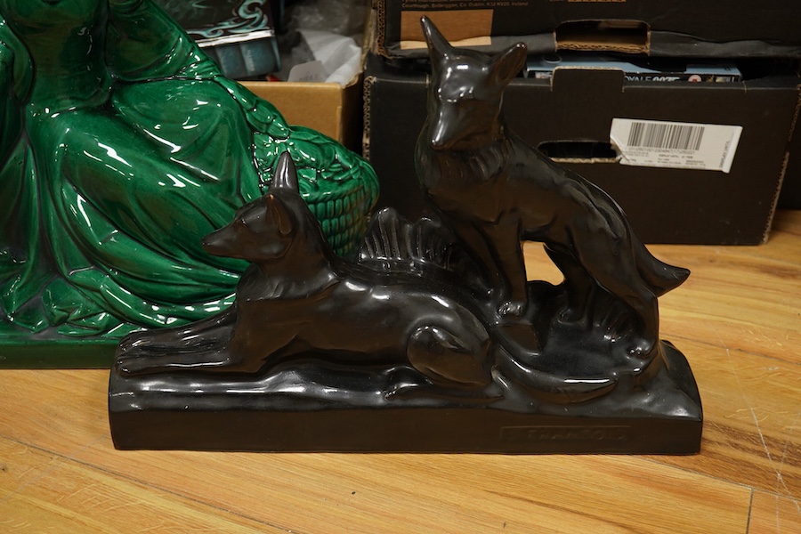 Two Art Deco ceramic groups, to include two dogs, largest 54cm wide. Condition - good